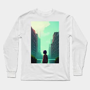 Cool Anime Girl in Streets Lofi Scenario Landscape Long Sleeve T-Shirt